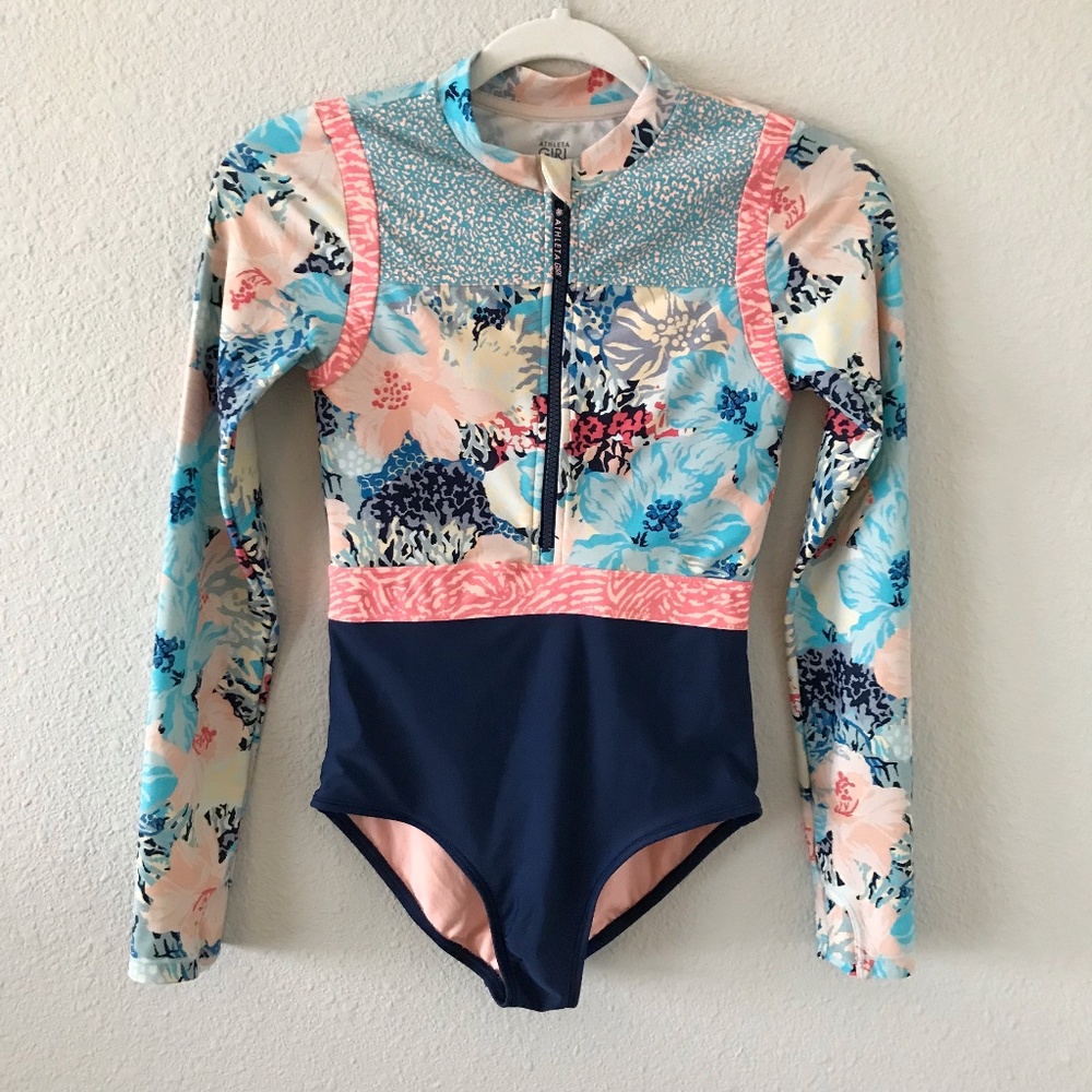 Athleta Girl Bora Bora Floral Rashguard One Piece Swimsuit Size XL/14 Zip Front